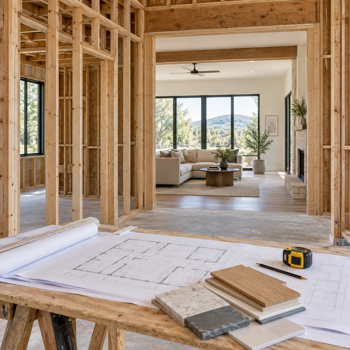A construction site interior with exposed wooden framing in the foreground and a finished living room visible through an open doorway. Blueprints, wood samples, a pencil, and a tape measure sit on a workbench in the foreground.
