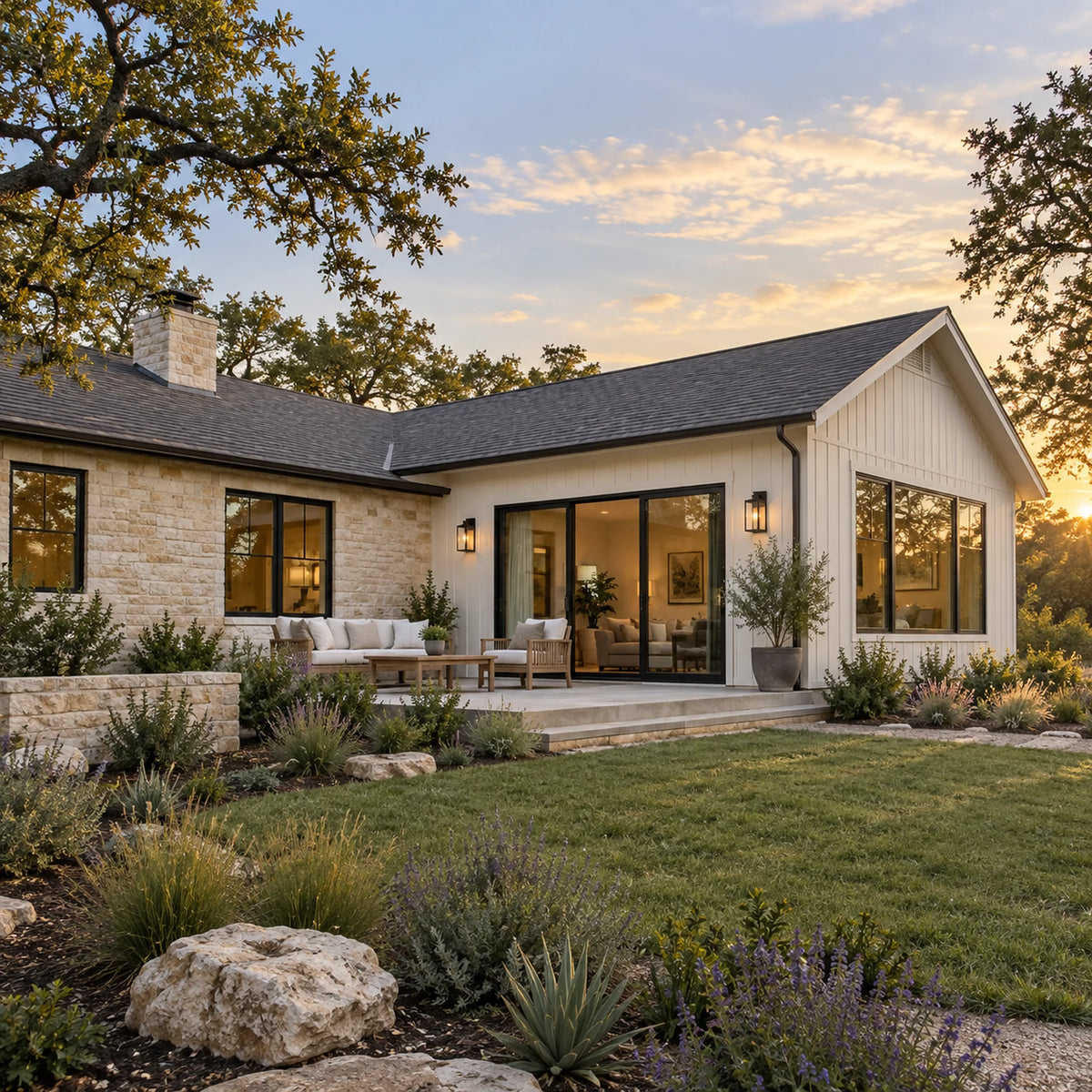A modern single-story house exterior with white siding, a stone section on one end, large black-framed glass windows, a covered patio with outdoor seating, and a landscaped lawn with shrubs and trees under a sunset sky.