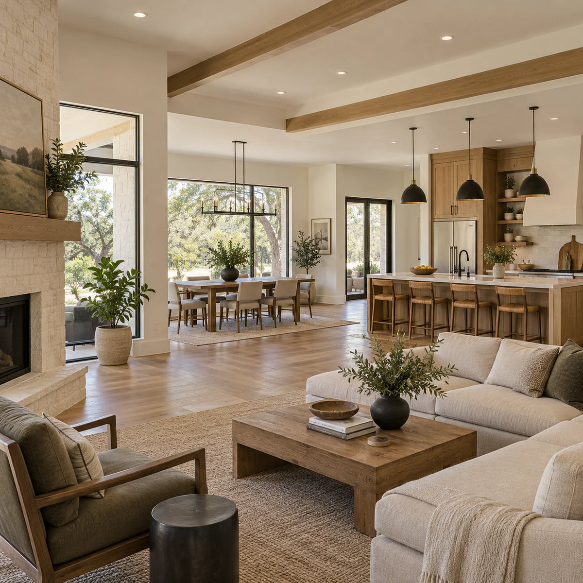 AI-generated concept of a whole-home renovation with connected living, dining and kitchen spaces.
